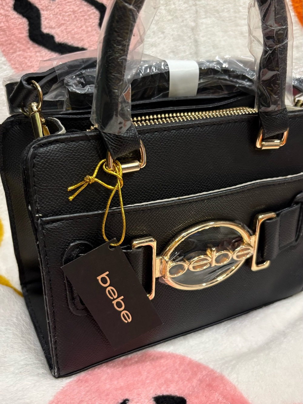 bebe Black Satchel with Gold Logo Plaque
